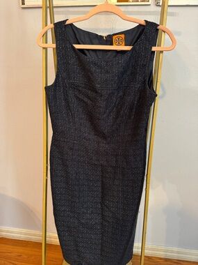 Tory Burch Blue Tweed Midi Sheath Dress with Subtle Metallic Thread